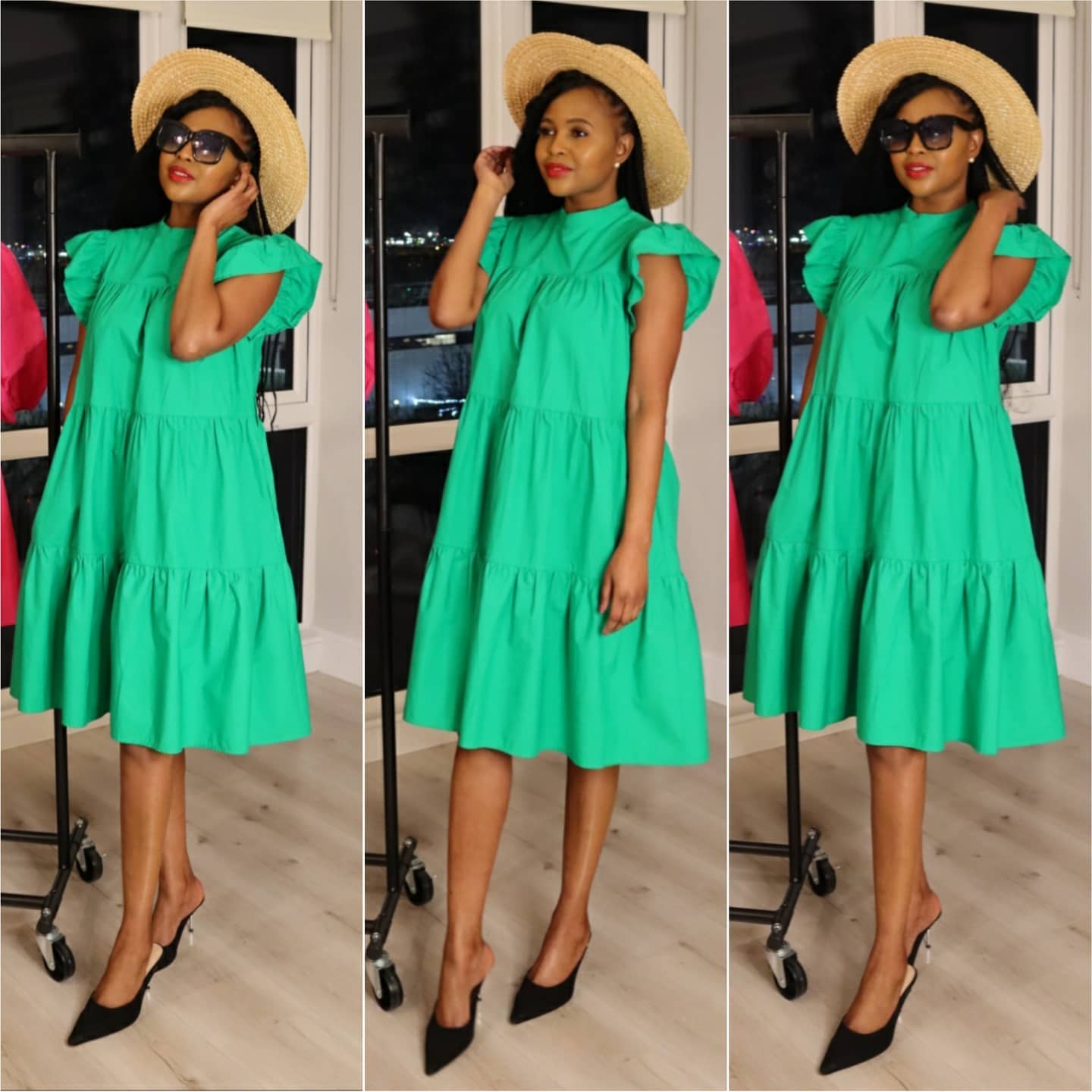 Quality poplin fabric green dress style