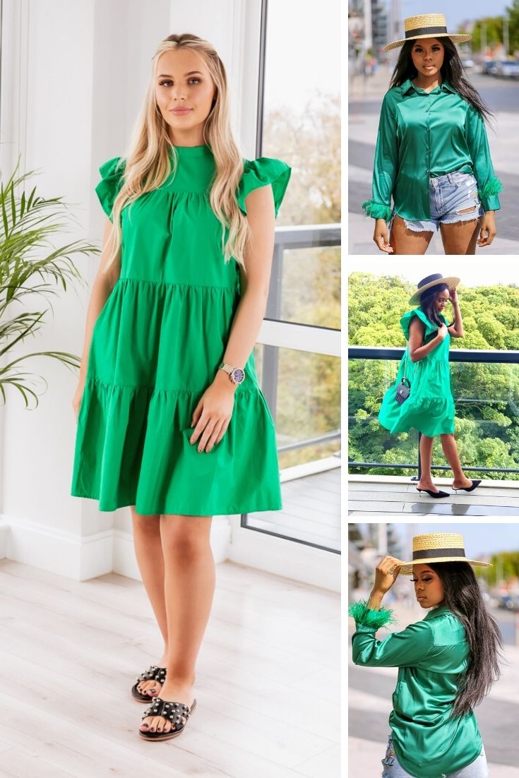 Green Outfit for St. Patrick's Day you can choose our Green Poplin Dress or satin Green Feather Trim Blouse