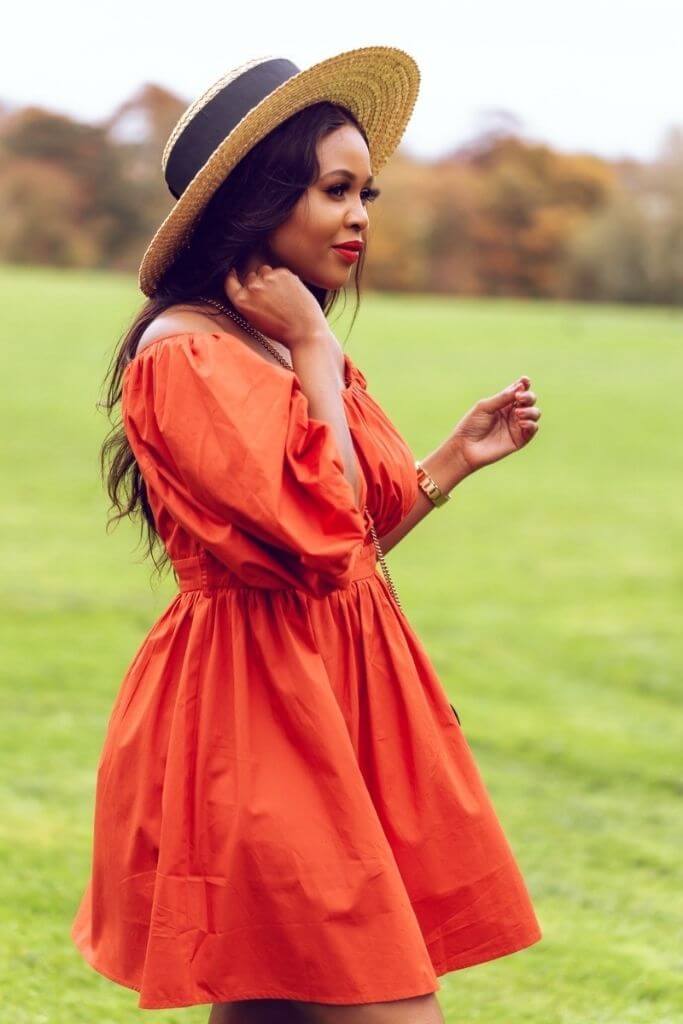 Puff-sleeved Burnt Orange Poplin Dress side