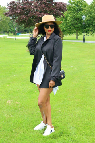 Model wearing the Black Feather Trim Blazer with trainers for a chic and comfortable look, ideal for everyday life.
