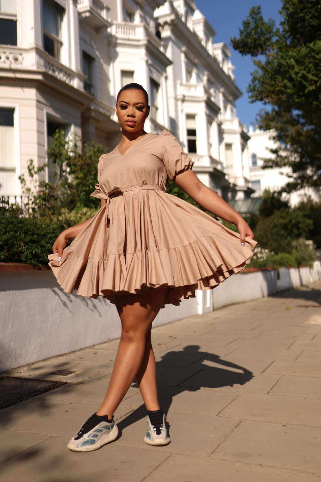 You will love this Beige Nude Poplin Dress Gathered Hem because it can be styled in so many ways. You can wear the dress to work with a blazer and flats, or you can wear it out on a special occasion; whether it's a wedding, birthday party, class reunion, holiday party or any other event! The dress is easy to style and you can even pair it with different accessories that reflect your personality. Easy styling and fabulous design equals an outfit that fits into any wardrobe. 