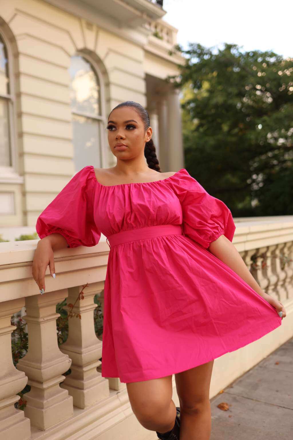 The soft, Pink Cotton Dress Puff-sleeved has a perfect flow and motion that hugs the body and makes you look and feel sexy. The floral hint brings your look to life without distracting from the overall design. The material is 100% poplin cotton for a comfortable outfit all night long.