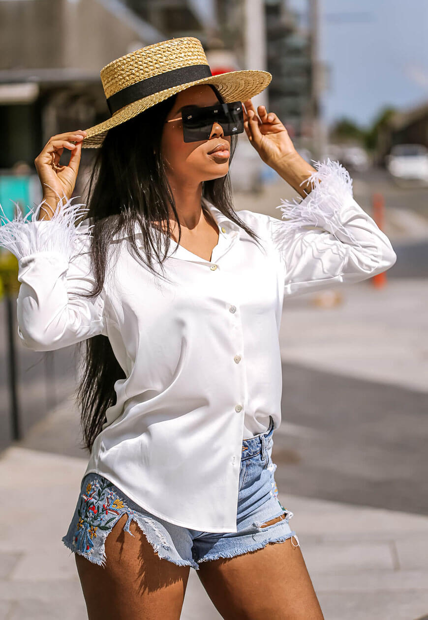 Feather Trim White Blouse side - SETSOFRAN