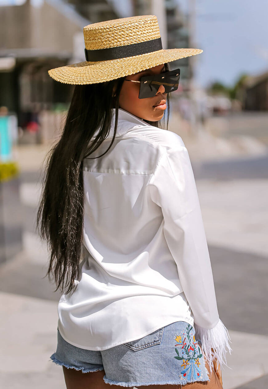 Feather Trim White Blouse back - SETSOFRAN