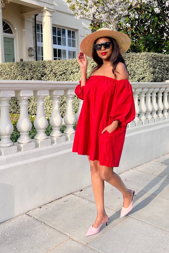 Our RED Off Shoulder Dress. Cut from our luxurious material hence its luxe feel and practicality. You&#39;ll look money while enjoying the comfort. O-neckline with off shoulder design.